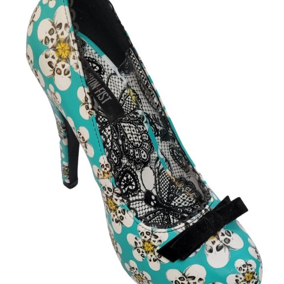 IRON FIST- Platform Pumps Turquoise Skull Daisy Pattern NWOT SZ 5M - Picture 3 of 6